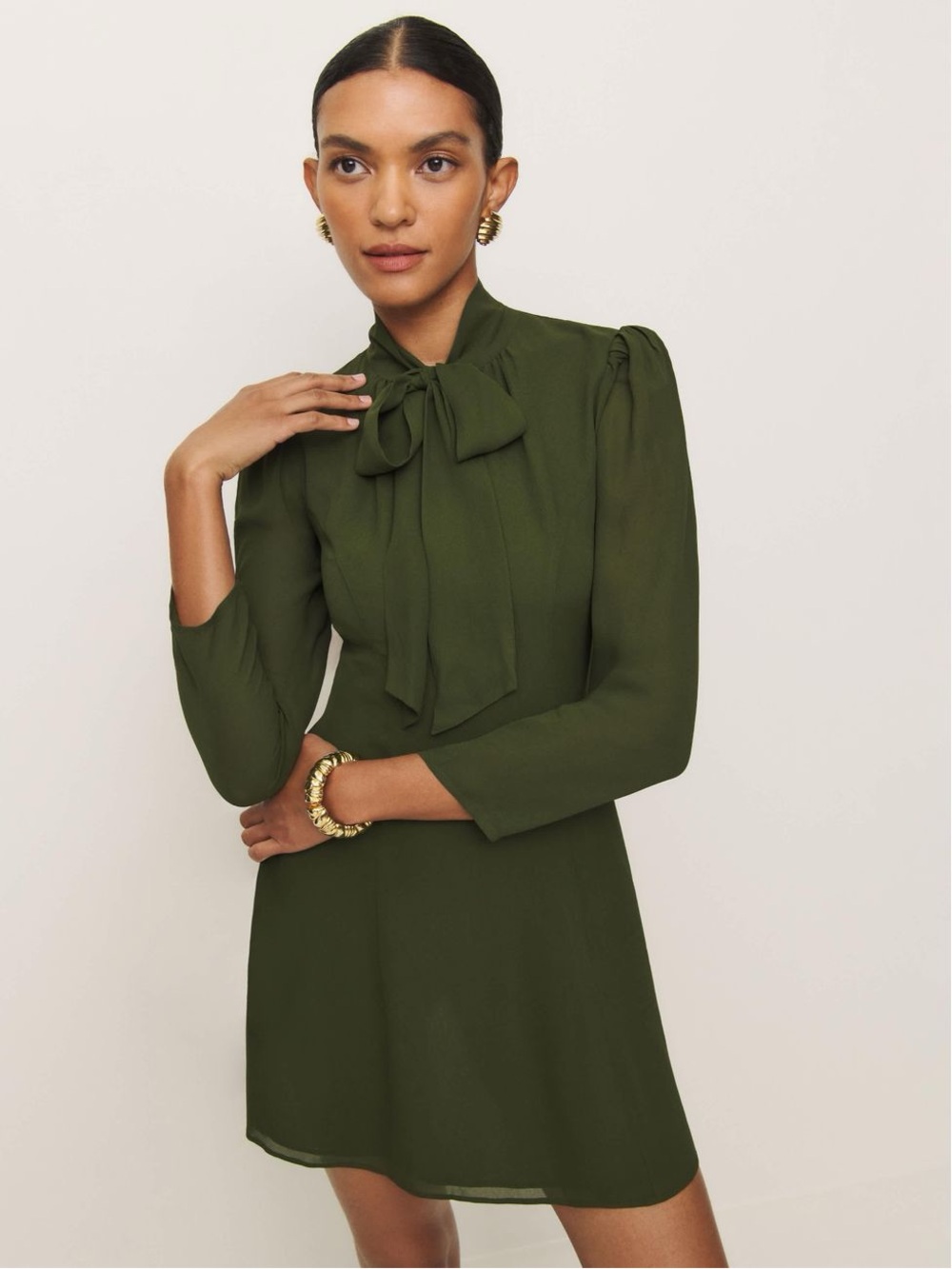 Reformation Sunna Fern Olive Green Tie-Neck Mini Dress